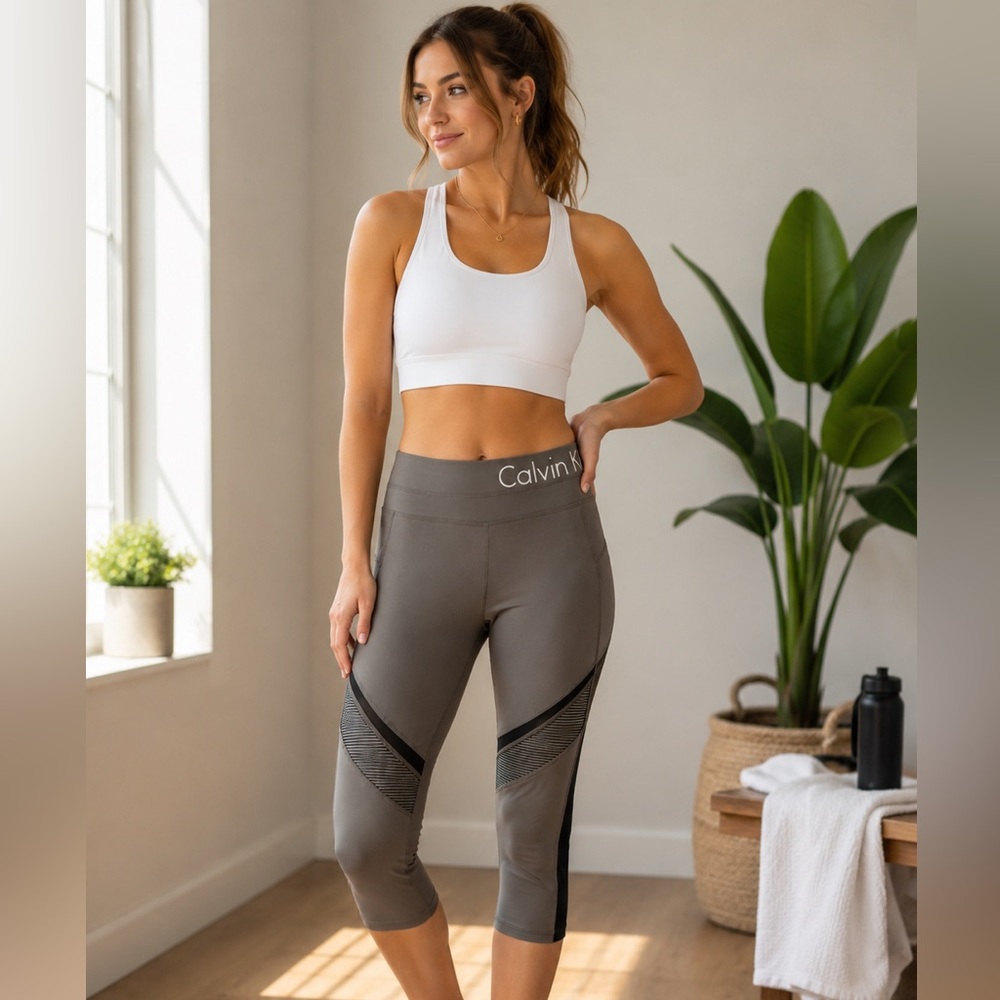 Calvin Klein Performance Wick Olive Green Crop Leggings with Black Mesh Details